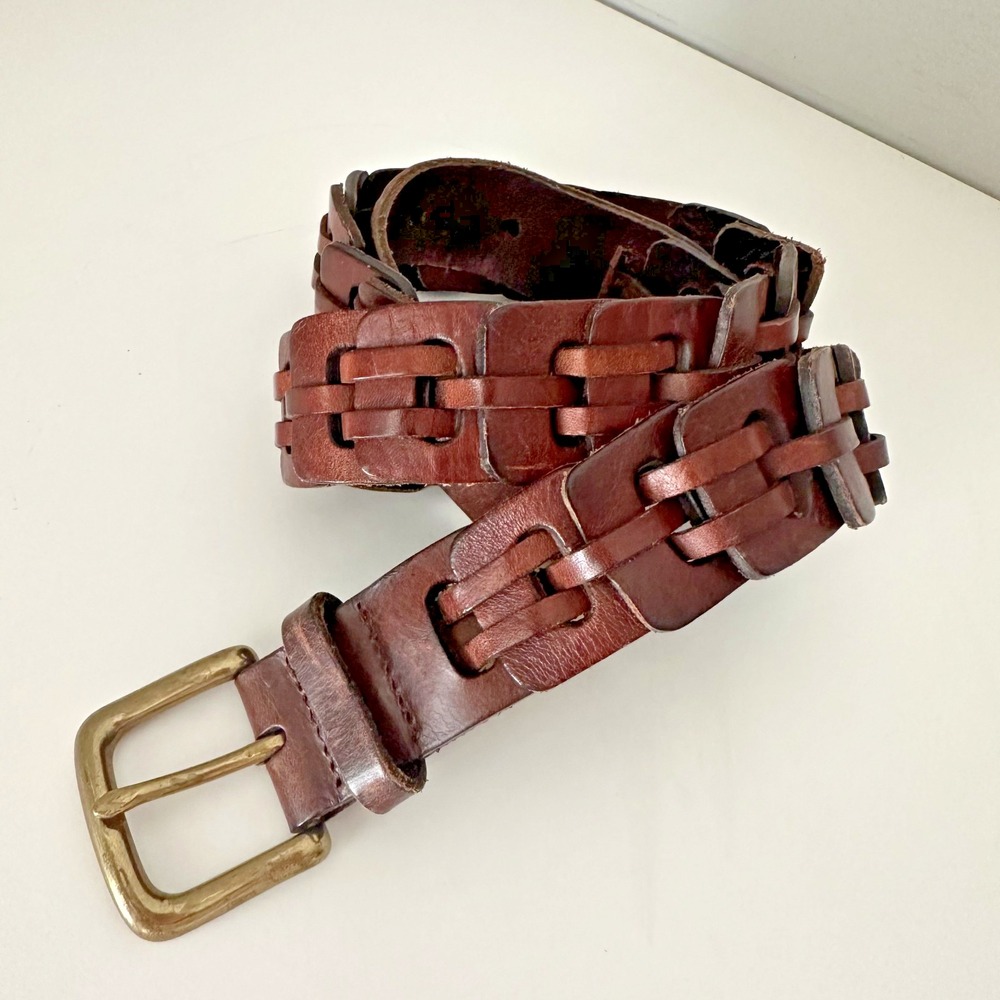 Genuine Leather Medium Womens Belt Brass Buckle Rope Textured Adjustable Brown